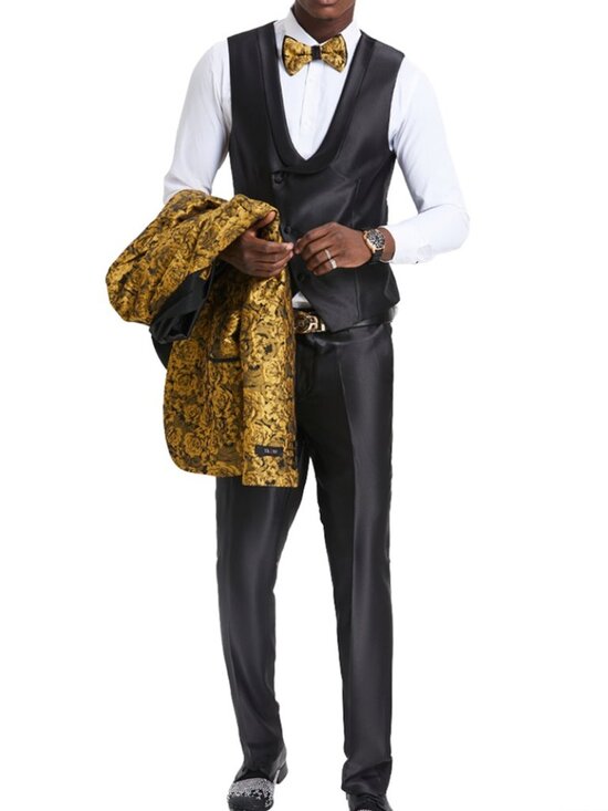 Gold/Black Satin Floral Shawl Lapel 3 Piece Fashion Men's Suit - Picture 2 of 2